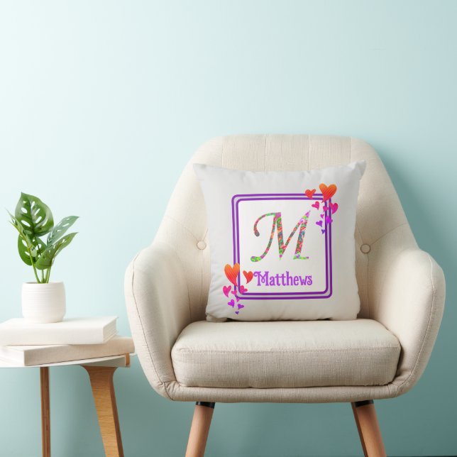 Monogram Last Name Purple Colourful Hearts Initial Cushion (Chair)