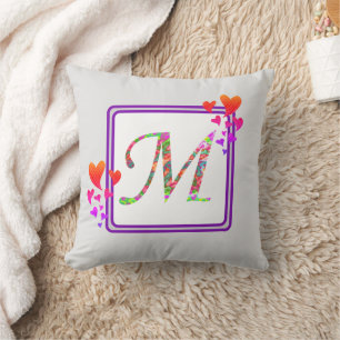 Monogram Last Name Purple Colourful Hearts Initial Cushion