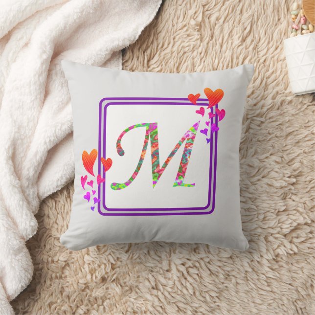 Monogram Last Name Purple Colourful Hearts Initial Cushion (Blanket)