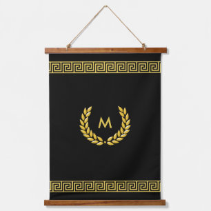 Monogram, Laurel and Golden Greek Pattern on Black Hanging Tapestry