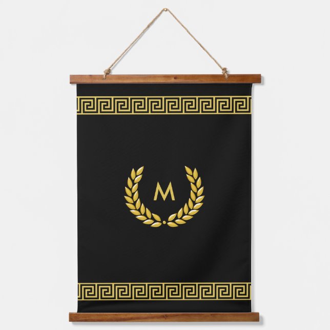 Monogram, Laurel and Golden Greek Pattern on Black Hanging Tapestry (Front)