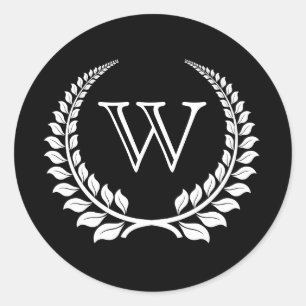 Monogram Laurel Black/White Classic Round Sticker