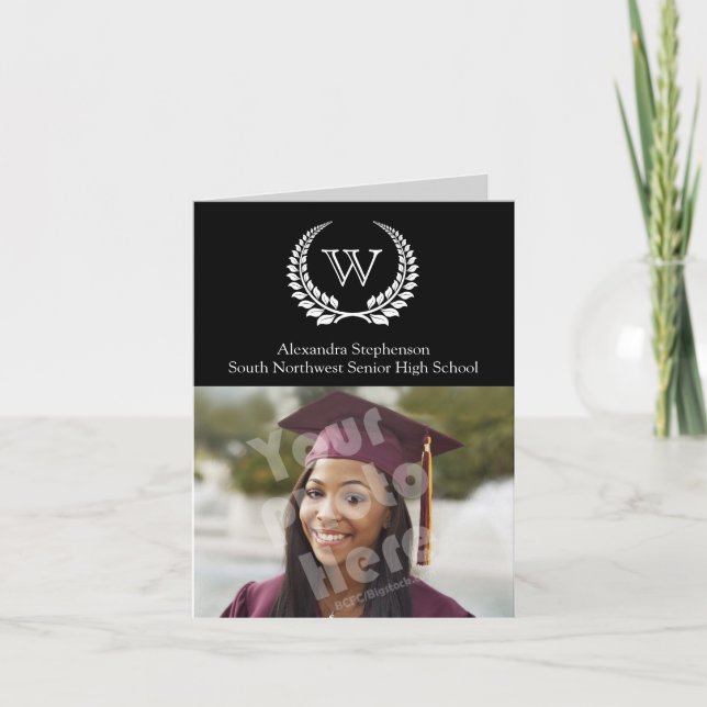 Monogram Laurel Black/White Invitation (Front)