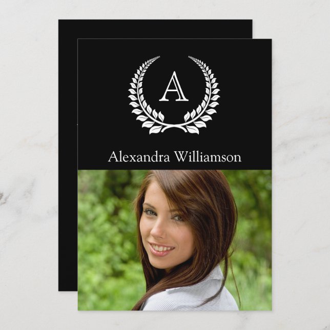 Monogram Laurel Black/White Invitation (Front/Back)