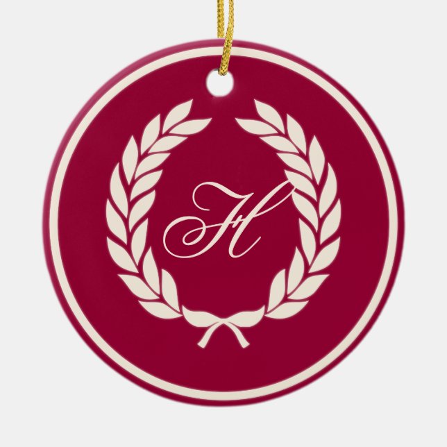Monogram Laurel Leaf Wreath Ceramic Tree Decoration (Front)