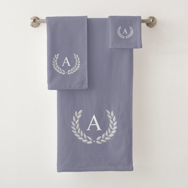 Monogram & Laurel on Roman Silver Grey Bath Towel Set (Insitu)