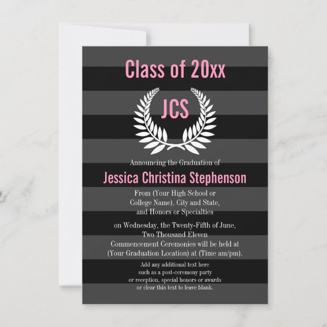 Monogram Laurel Pink College/Custom Graduation Invitation (Front)