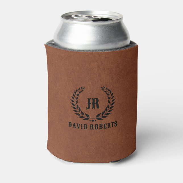 Monogram Laurel Wreath Brown Faux Leather Can Cooler (Can Back)