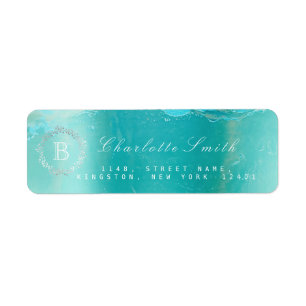 Monogram  Laurel Wreath Ocean Blue Return Address Label