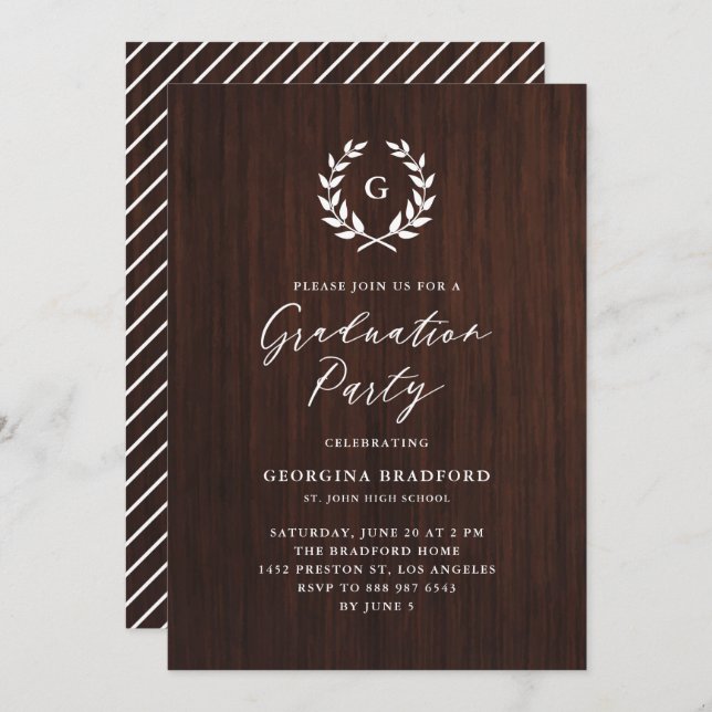 Monogram Laurel Wreath Rustic Wood Graduation Invitation (Front/Back)