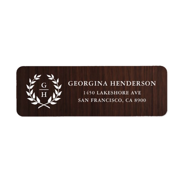 Monogram Laurel Wreath Rustic Wood Pattern Return Address Label (Front)