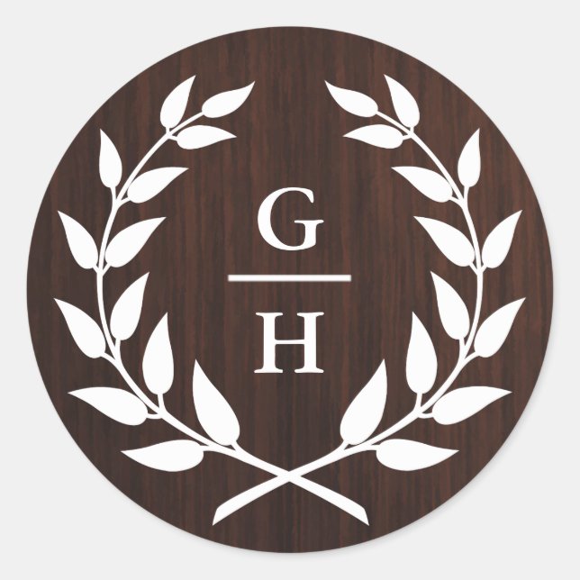 Monogram Laurel Wreath Rustic Wood Pattern Wedding Classic Round Sticker (Front)