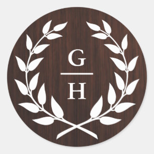 Monogram Laurel Wreath Rustic Wood Pattern Wedding Classic Round Sticker
