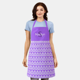 Monogram Lavender and White Cute Heart Pattern Apron