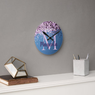 Monogram Lavender Confetti on Blue Round Clock