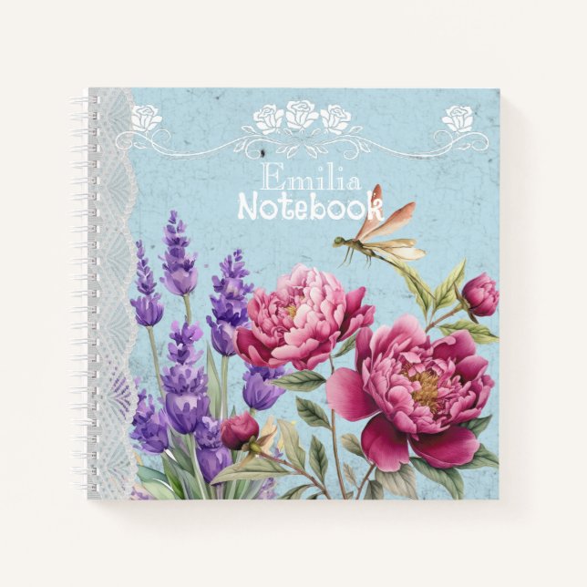Monogram Lavender Peonies garden Blue Lace Notebook (Front)