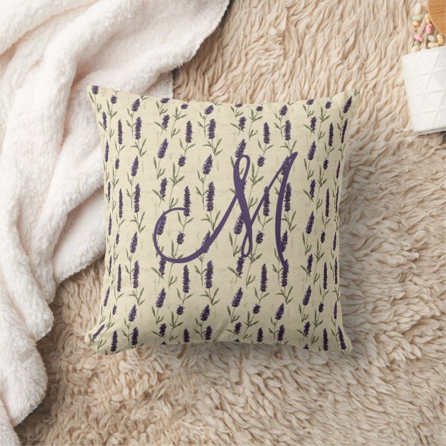 Monogram Lavender Purple Beige Botanical Floral Cushion (Blanket)