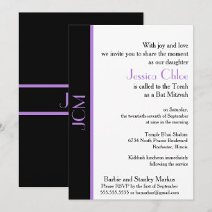 Monogram Lavender Purple Black Bat Mitzvah Invitation