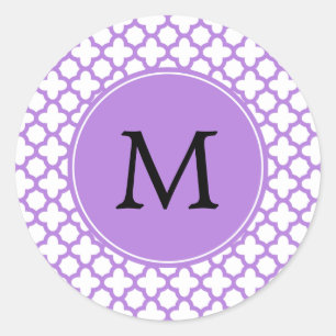 Monogram Lavender Quatrefoil Pattern Classic Round Sticker