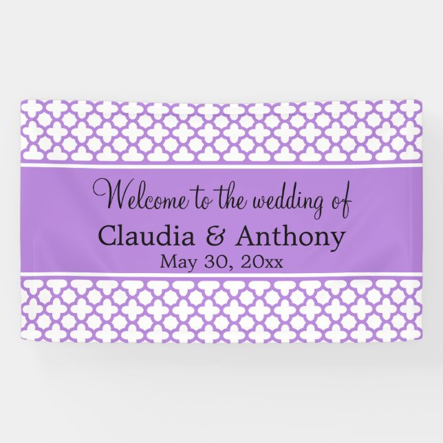 Monogram Lavender Quatrefoil Pattern Wedding Banner (Horizontal)