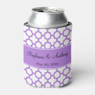 Monogram Lavender Quatrefoil Pattern Wedding Can Cooler