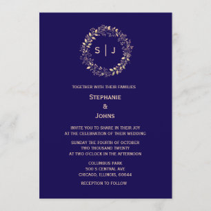 Monogram Leaf Crest Navy Blue Beige Classy Wedding Invitation