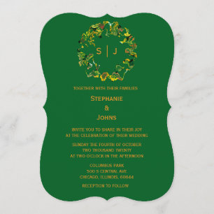 Monogram Leaf Crest Orange Forest Green Wedding Invitation