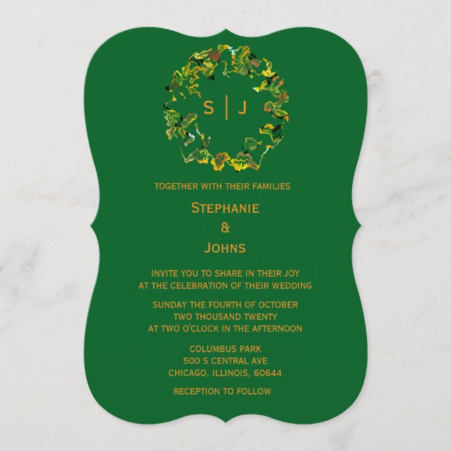 Monogram Leaf Crest Orange Forest Green Wedding Invitation (Front)