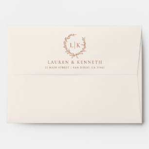 Monogram Leaf Crest Terracotta Cream Wedding Envelope