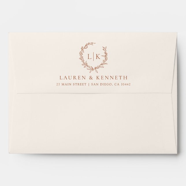 Monogram Leaf Crest Terracotta Cream Wedding Envelope (Back (Top Flap))