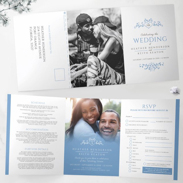 Monogram leaf heart light blue white wedding Tri-Fold invitation (Creator Uploaded)
