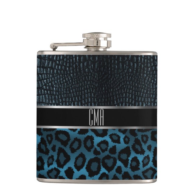 Monogram Leather and Leopard Pattern - Blue Hip Flask (Front)