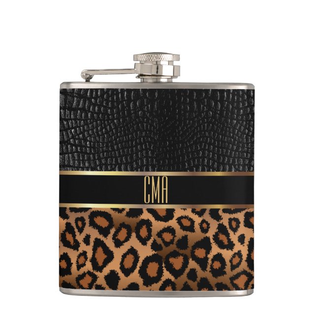 Monogram Leather and Leopard Pattern Hip Flask (Front)