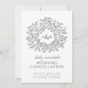 Monogram leaves grey on white wedding cancellation announcement