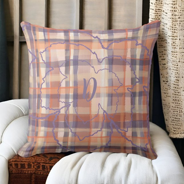 Monogram leaves tartan fall beige orange purple cushion (Creator Uploaded)