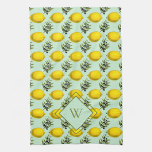 Monogram Lemon and olive pattern yellow and blue Tea Towel