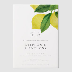 Monogram Lemon Citrus Branch Wedding      Vellum Invitations