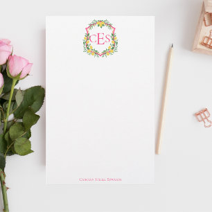 Monogram Lemon Crest, Pink & Orange Custom  Stationery