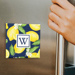 Monogram Lemon Fruit Navy Blue Magnet<br><div class="desc">The botanical watercolor lemon pattern features a white square monogram.</div>