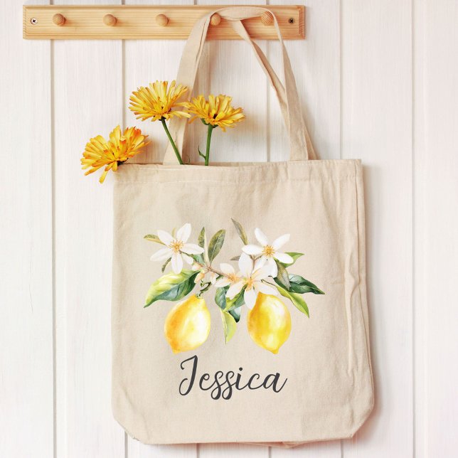 Monogram Lemon Fruits White Flowers Tree Branch Tote Bag (In situ)