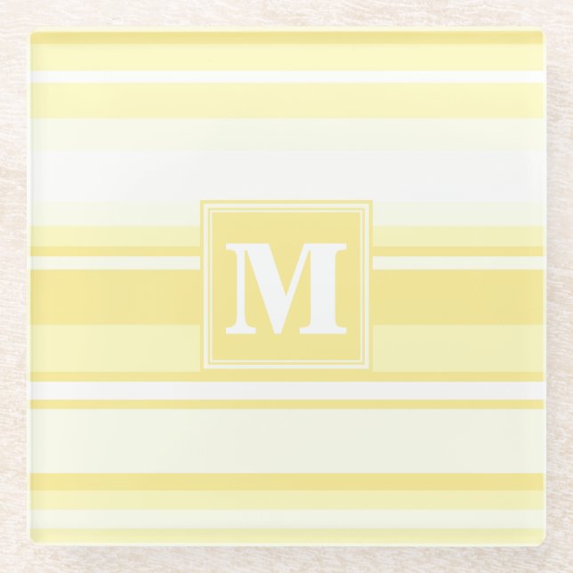 Monogram lemon yellow stripes glass coaster (Front)
