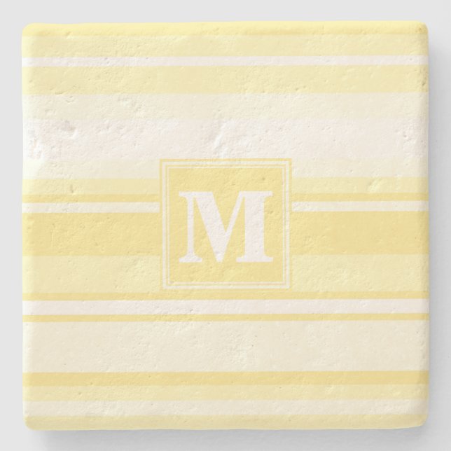 Monogram lemon yellow stripes stone coaster (Front)