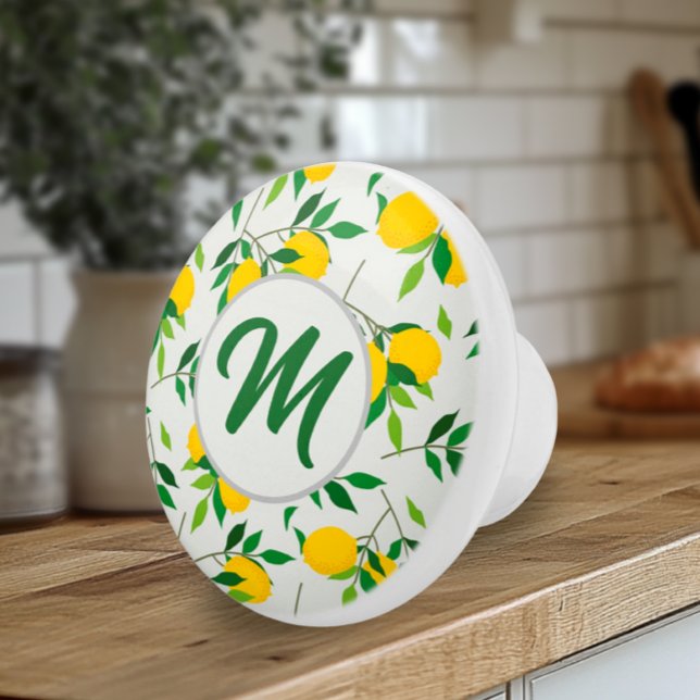 Monogram Lemons and Leaves Pattern  Ceramic Knob (Monogram Lemons and Leaves Artisan Ceramic Kitchen Knobs)