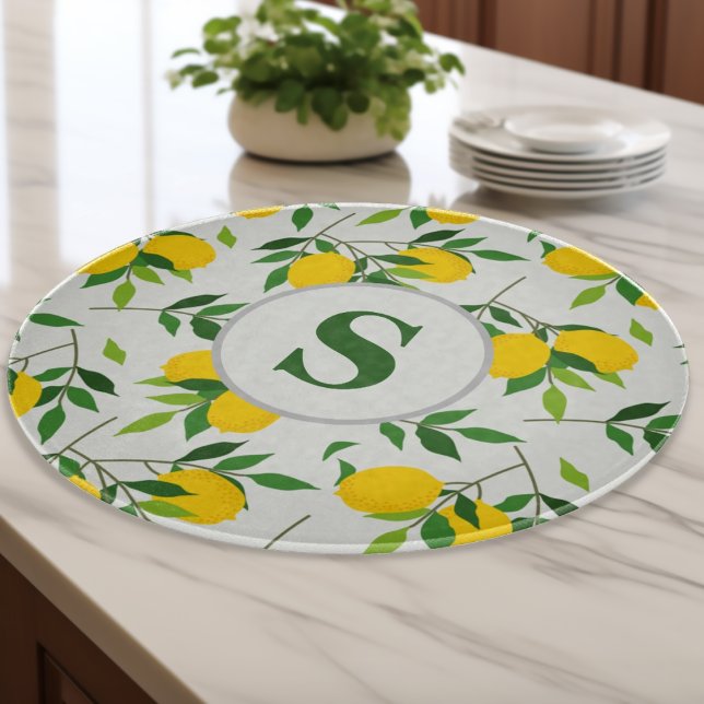Monogram Lemons and Leaves Pattern  Cutting Board (Creator Uploaded)