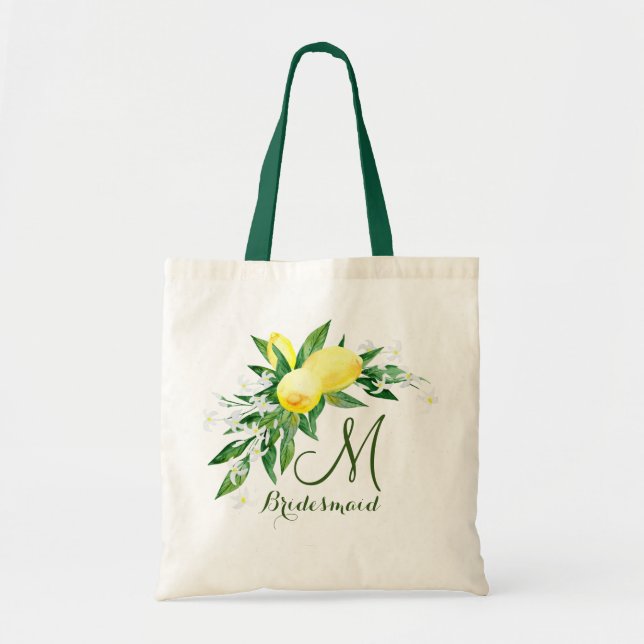 Monogram Lemons Blossom Bridesmaid Tote Bag (Front)