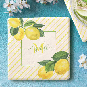 Monogram lemons watercolor stripes rustic country stone coaster