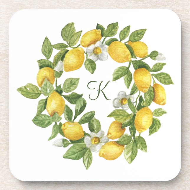 Monogram Lemons Wreath Green Yellow  Coaster (Front)
