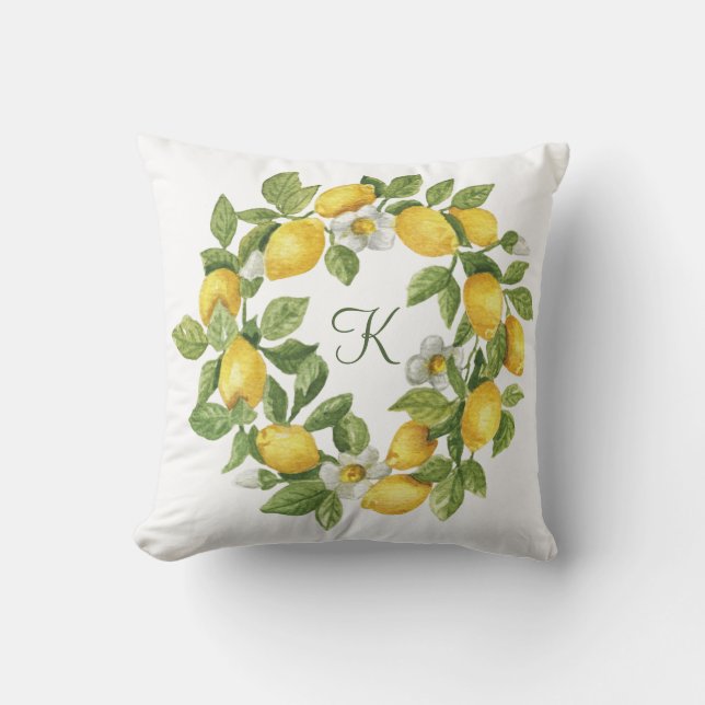 Monogram Lemons Wreath Green Yellow Cushion (Front)