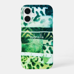 Monogram leopard animal print green teal yellow iPhone 16 case