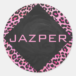 Monogram Leopard Black and Hot Pink Print Classic Round Sticker
